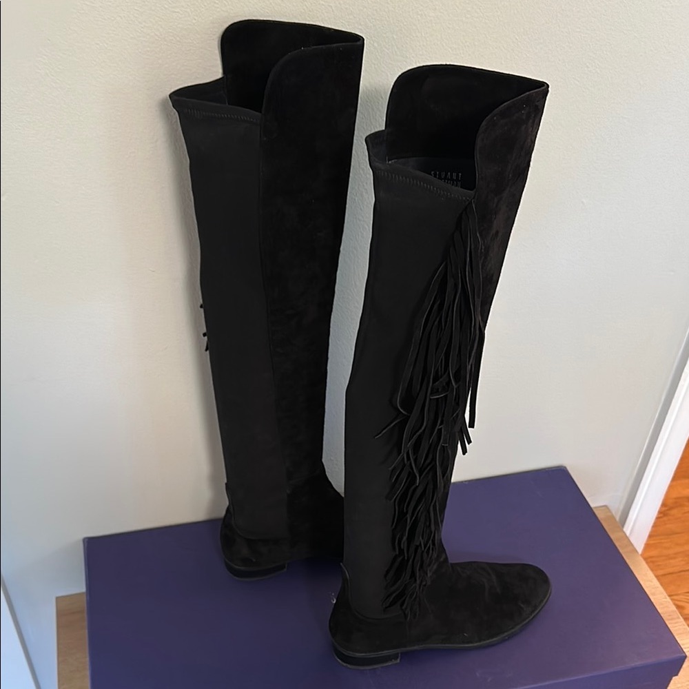 WORN ONCE Stuart Weitzman Black Suede Fringe 5050 Over-the-Knee Boots Mane - Picture 3 of 11